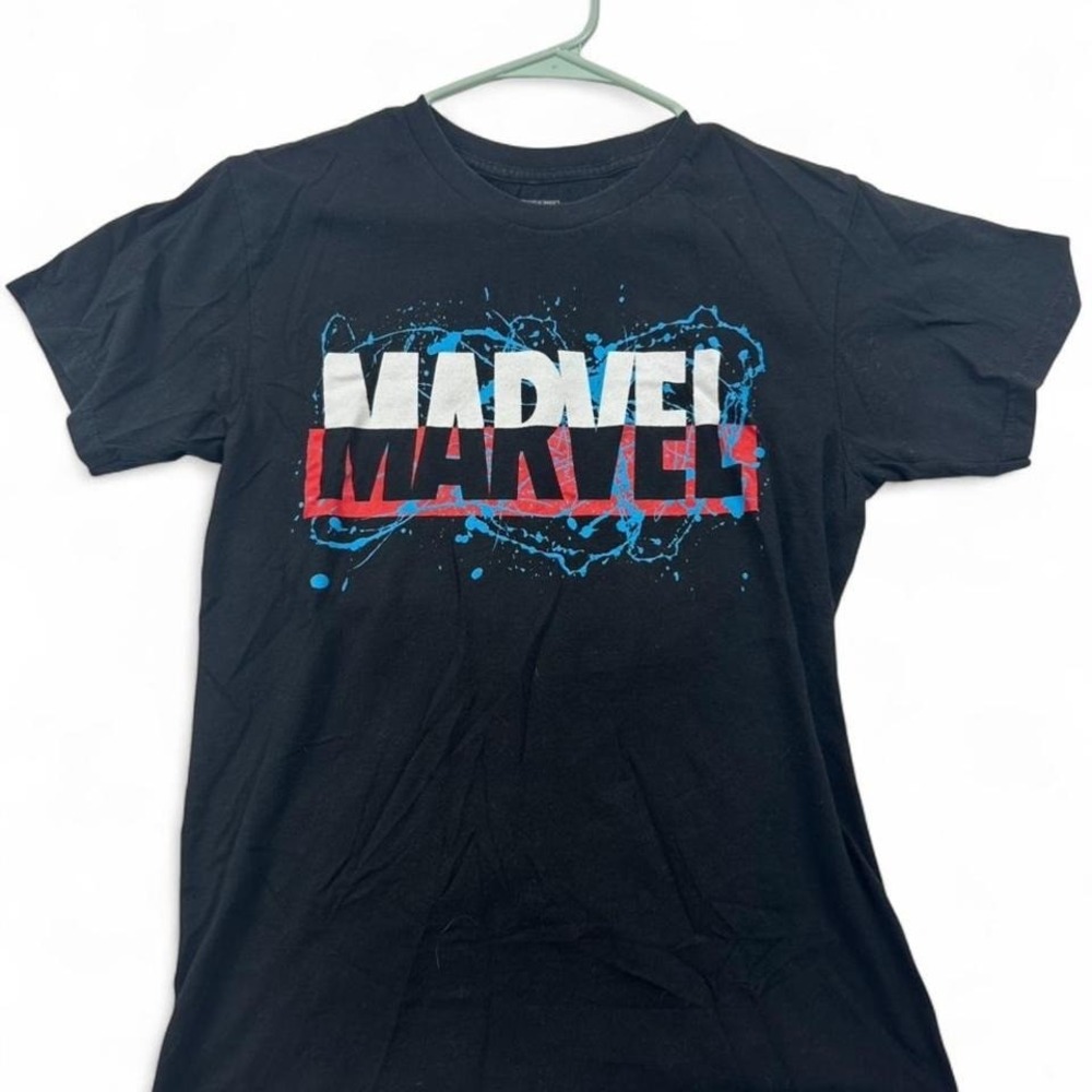 Marvel Mens Graphic T-Shirt Black Cotton Mad Engine Splatter Logo Small